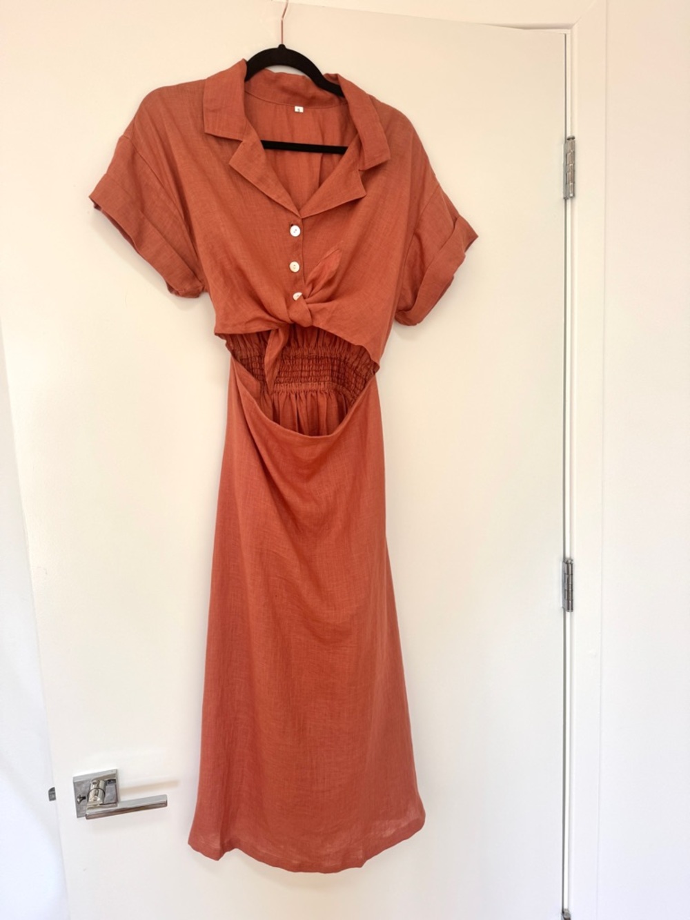 Rust Terracotta Linen Button-Front Cutout Midi Dress - Women. Brand new